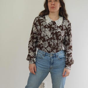 White lace collar blouse Brown floral print blouse Viscose blouse MEDIUM