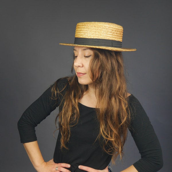 Straw boater hat Vintage 70s Bohemian Prairie hat Straw sailor cap Skimmer Hat