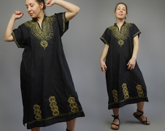 Black caftan dress with gold embroidery Ethnic Boho Moroccan