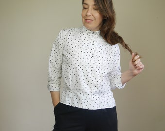 White polka dot blouse Vintage 1960s women rayon blouse Three quarter sleeves Slim fit waist with dart Retro shirt PLUS size