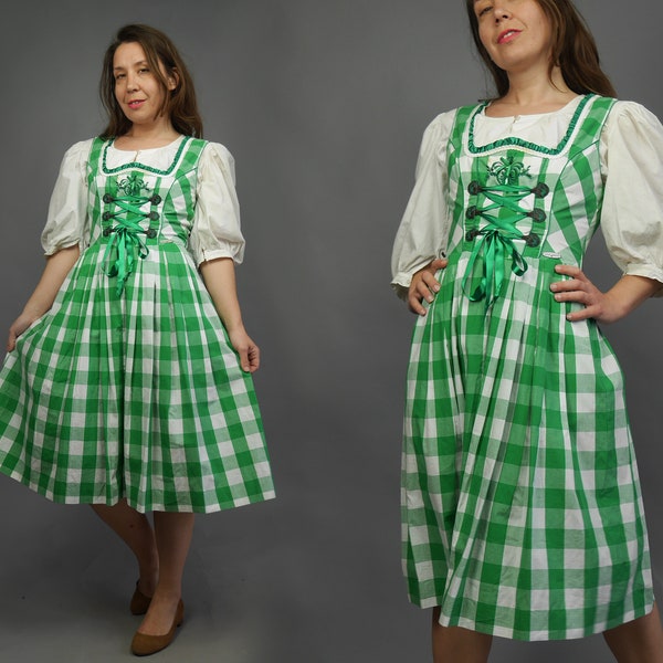 SMALL Oktoberfest Dirndl Dress Green gingham plaid sleeveless festival dress Germany Bavarian Folk dress