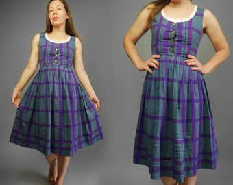 Vintage shirtwaist dress 50's Purple turquoise cotton Fit and flare dress 1950s Summer dress S M size