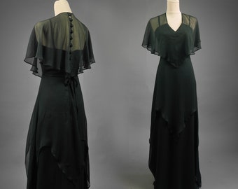 VERA MONT Schwarzes Kleid Vintage 70er Jahre Glöckchenärmel Maxilanges Abendkleid XS-Größe