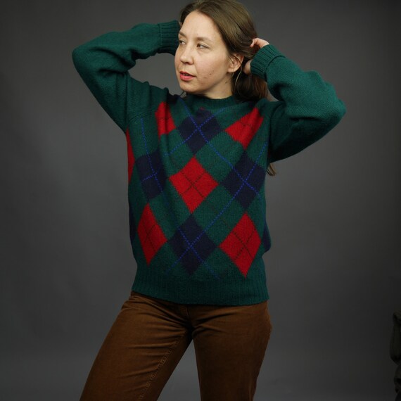 Peter Scott Argyle Pure New Wool Sweater Vintage Green Red Blue Medium