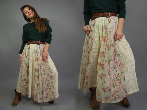 Shabby Chic Mori Girl Button up Full Length A-line Skirt Size Medium 90/'s Vintage Cream Floral Rayon Grunge Skirt 30 Waist
