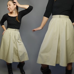 Front pleat skirt 80s Vintage casual skirt Beige midi skirt Belted waist MEDIUM