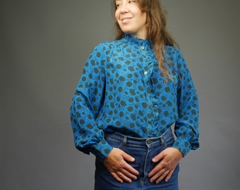 Blue ruffle blouse Silk blouse Long sleeves MEDIUM