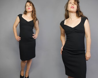 MOSCHINO Black sheath dress 90s Knee length Little black dress Queen Anne neck MEDIUM