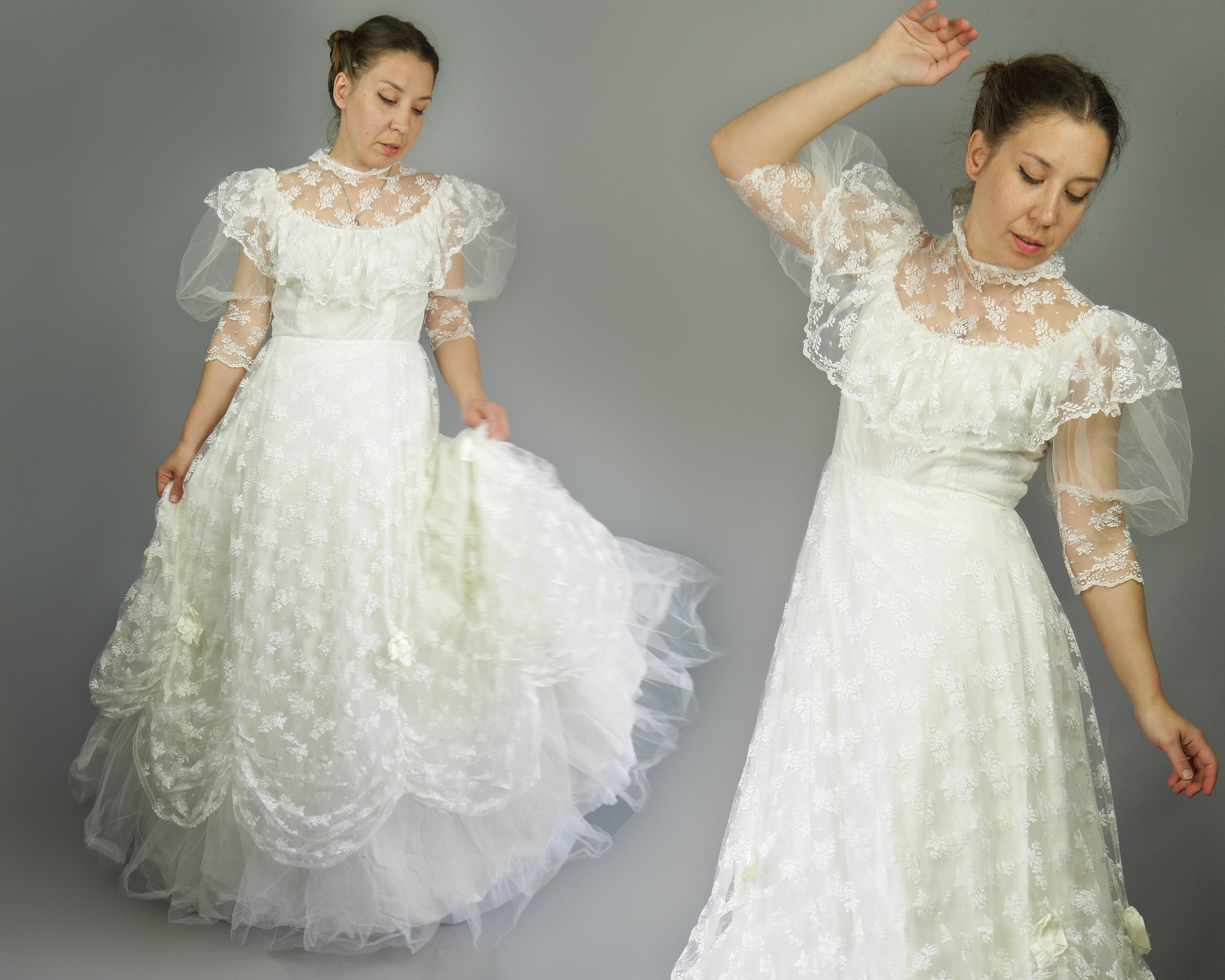 Robe de mari e PRONUPTIA vintage avec manches bouffantes et cou