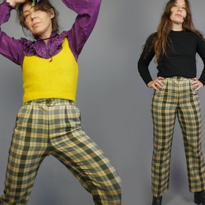 Plaid pants 70s Wool high waisted Womens trousers Slacks pants in bright colors Cropped length WAIST 29