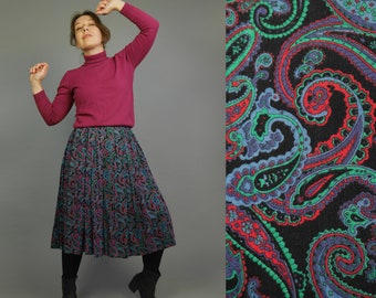 Vintage paisley print pleated skirt Twill cotton skirt WAIST 34 in