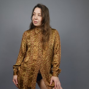 Animal printed silk Mustard yellow brown sheer satin blouse Vintage 80s Casual shirt MEDIUM