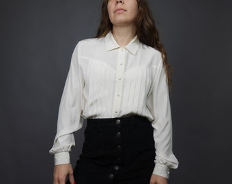 Cream white shirt WIDE pin tuck Vintage 1980's casual shirt MEDIUM size
