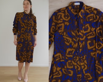 Ljust tryckt skjortklänning Fransk rak klänning BRED nålbricka framtill Vintage 80-talsklänning L XL