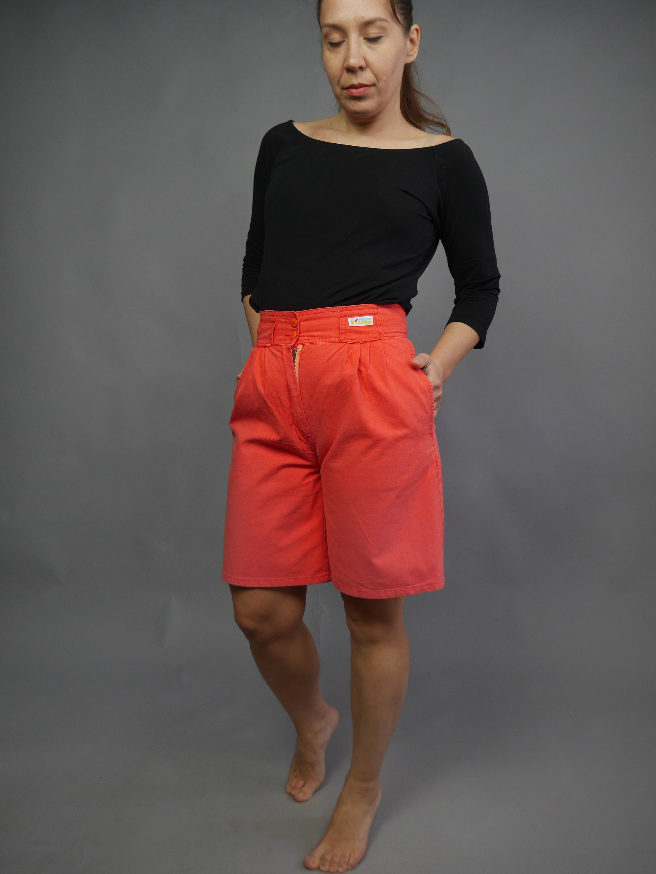 Coral red women's bermuda shorts 80s High waisted Wide Leg Etsy