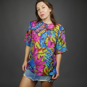 Vintage 80s Tropical print SILK top Summer woman's blouse Oversize shirt Short sleeves LARGE
