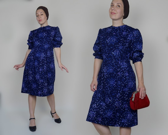 Blue Midi Dress 70s does 40s style Jersey Shirt dr