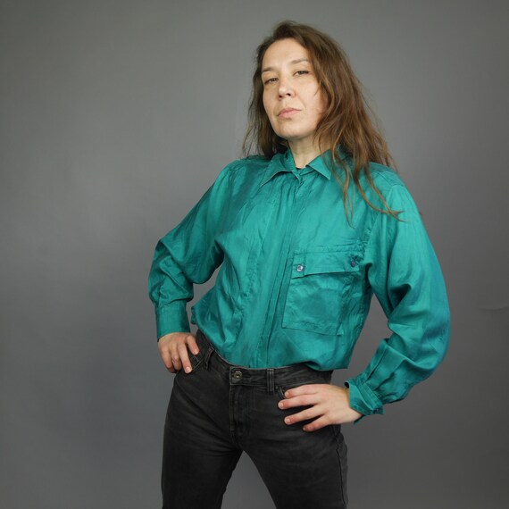Turquoise silk oversize blouse BETTY BARCLEY Spli… - image 5