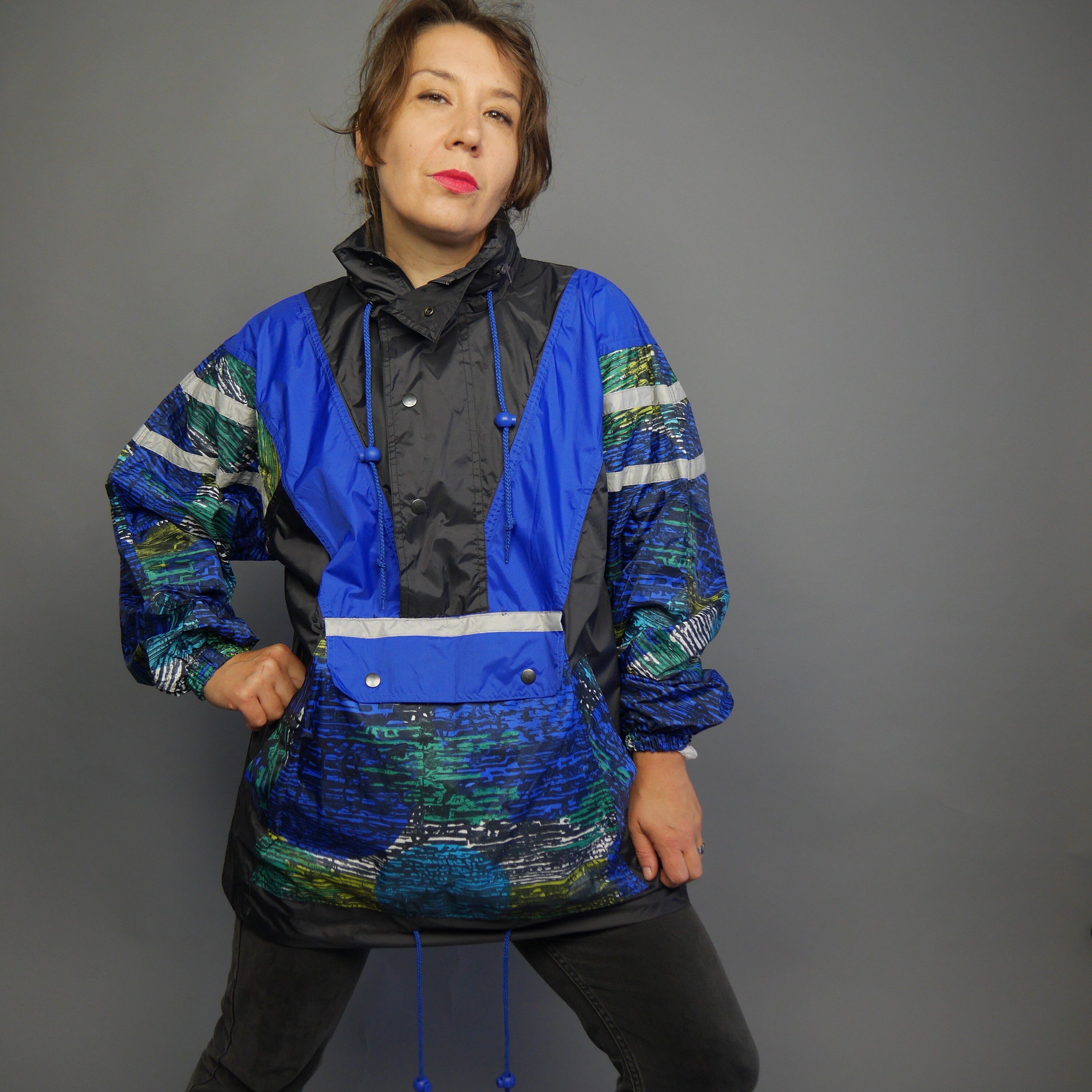 Unisex Anorak Jacket 80s With Front Pocket Bright Blue Black
