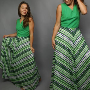 1970s Maxi gown dress Two tone dress Green geometric print Cocktail party dress