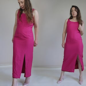 Bright pink sheath dress Vintage 80&#39;s Long dress with slit Linen sleeveless MEDIUM