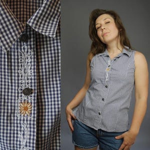 M Dirndl BLUE checkered dirndl cotton shirt Gingham plaid Sleeveless shirt with buttoned front