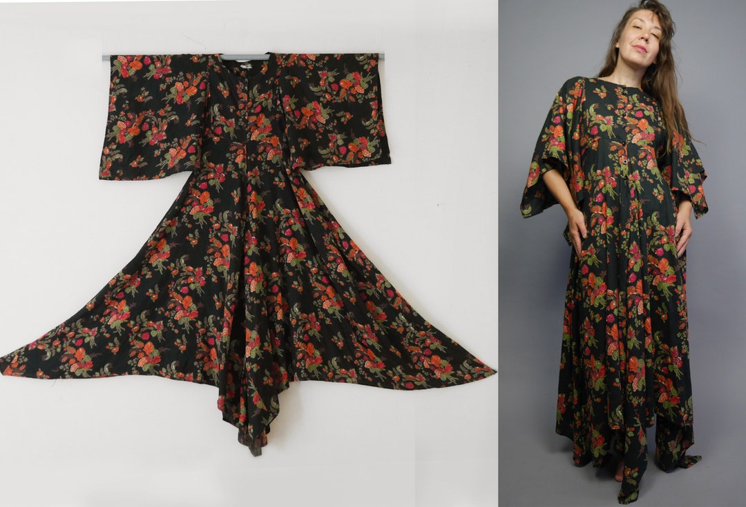 RARE Boho Caftan Dress 70s Handkerchief Skirt Angel Sleeves Black ...