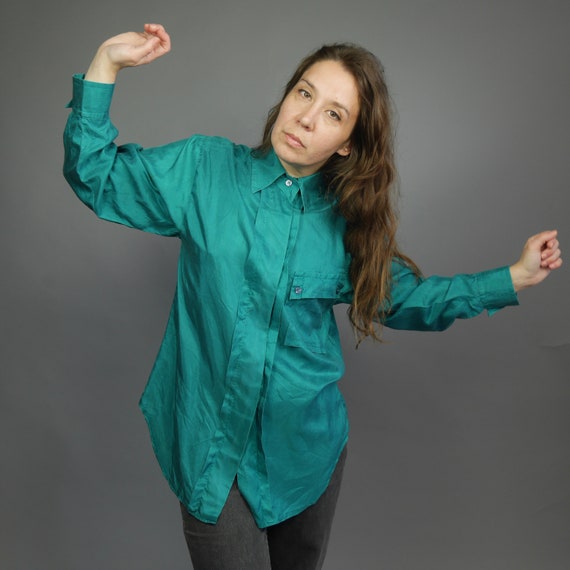 Turquoise silk oversize blouse BETTY BARCLEY Spli… - image 4