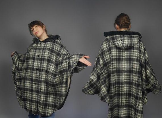 Plaid women's cape poncho with hood Vintage 90s H