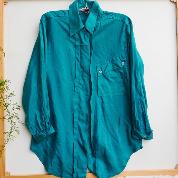 Turquoise silk oversize blouse BETTY BARCLEY Spli… - image 7