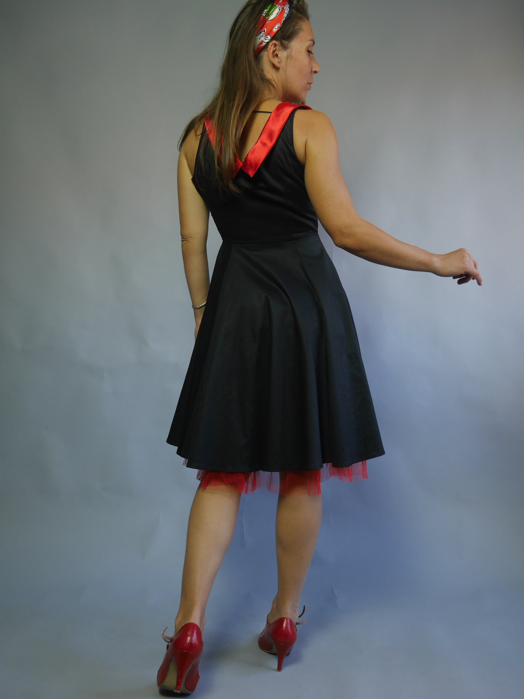 red and black rockabilly dress Forever Fifties 50's Rockabilly Cherry Swing Dress "Audrey Big Cherry Dress" in Red Black Vintage Vogue
