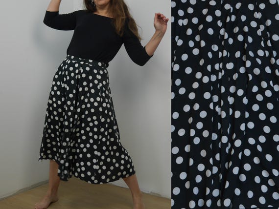 Black White Long A line skirt Vintage 90's Buttoned front Polka - Main Image