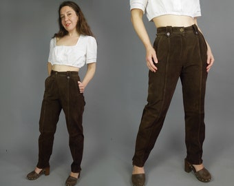 Brown suede pants High waisted Leather pants Tapered leg Dirndl trousers Oktoberfest pants Tyrolean Loden pants M size