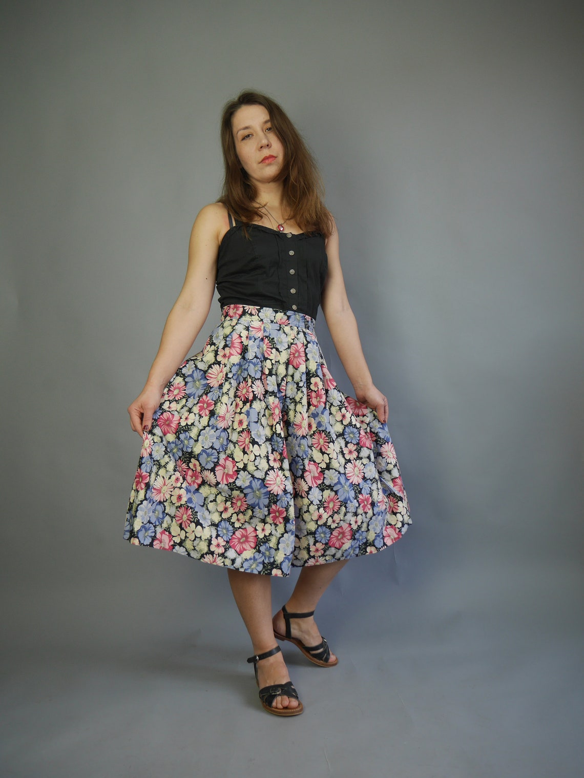Vintage pleated full A line skirt 80s Floral printed cotton Etsy
