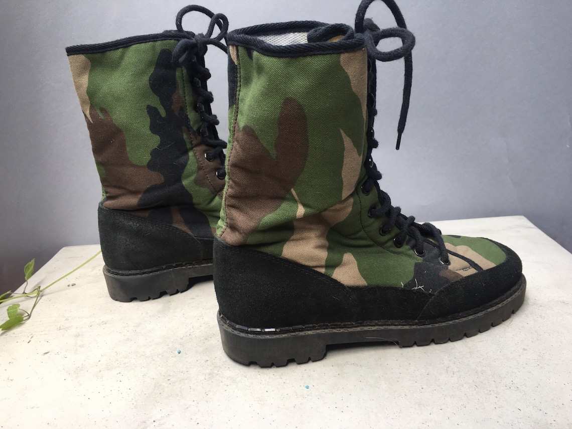 Khaki granny combat work boots Lace UP Vintage 80s Hook | Etsy