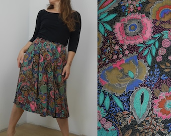Floral print full skirt Viscose bright midi skirt Vintage 1980's Waist 30 in MEDIUM