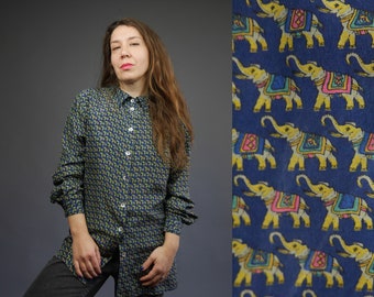 Silk shirt Elephant print 1980's Mother pearl buttons Long sleeves M L size