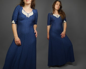 Blue dress Vintage 70s A line Evening Gown Maxi dress Puffed sleeves White lace collar S M size