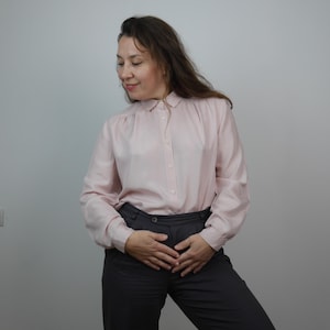 Ultra thin Pink SILK blouse Vintage collared blouse MEDIUM