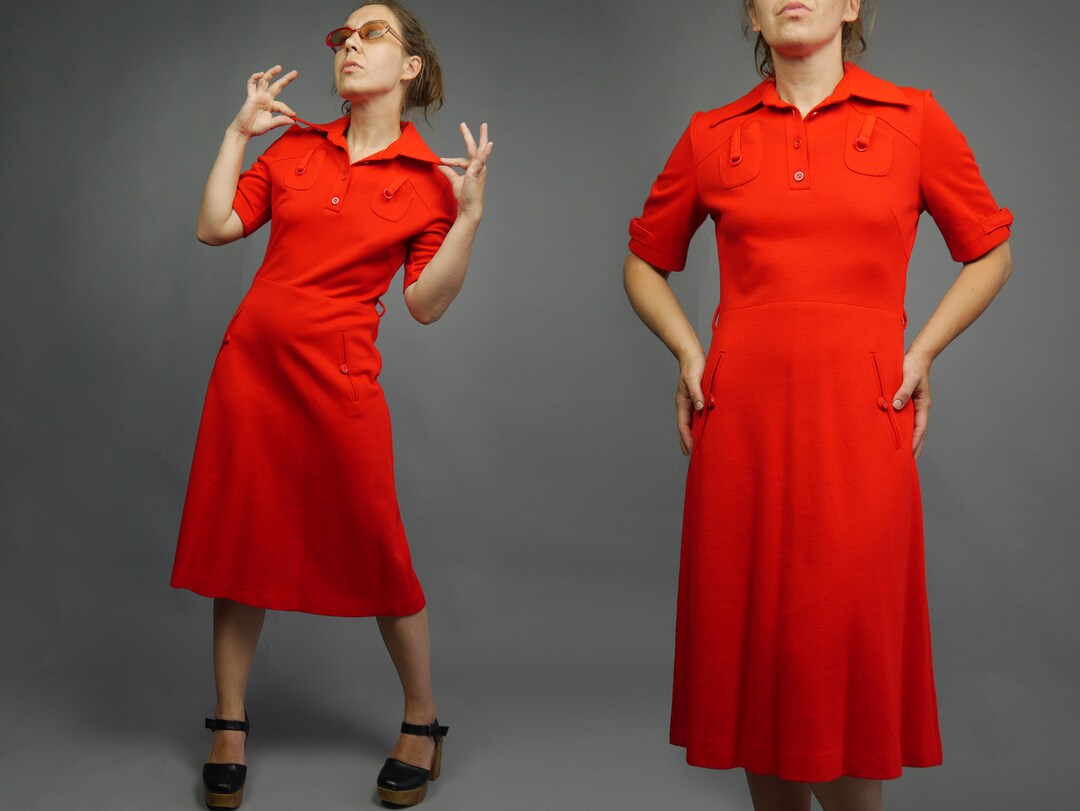 Vintage Shirt Waist Dress 70's Dagger Collar Dress Bright Red Orange