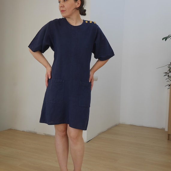 SONIA RYKIEL Navy linen dress Loose fit Vintage dress Summer Casual day shirt dress Gold tone buttons MEDIUM