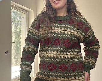 80s Vintage Nepal Handknitted Wool Sweater Knitwear Beige Ornament 