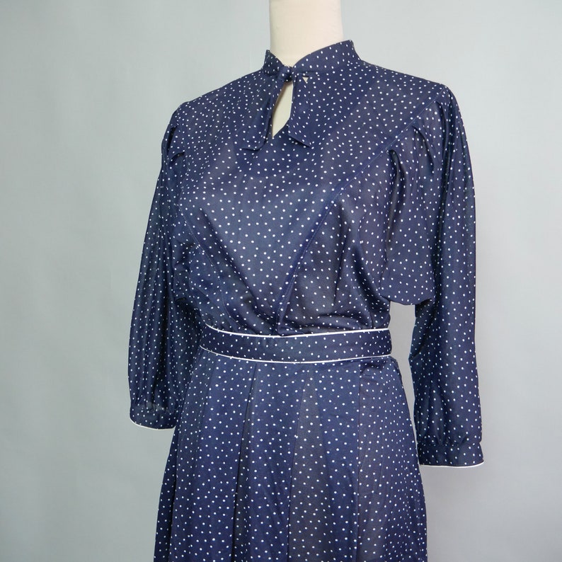 Polka dot print dress in navy white Vintage dress 70s shirt dress with tie neck with yoke Good for work look