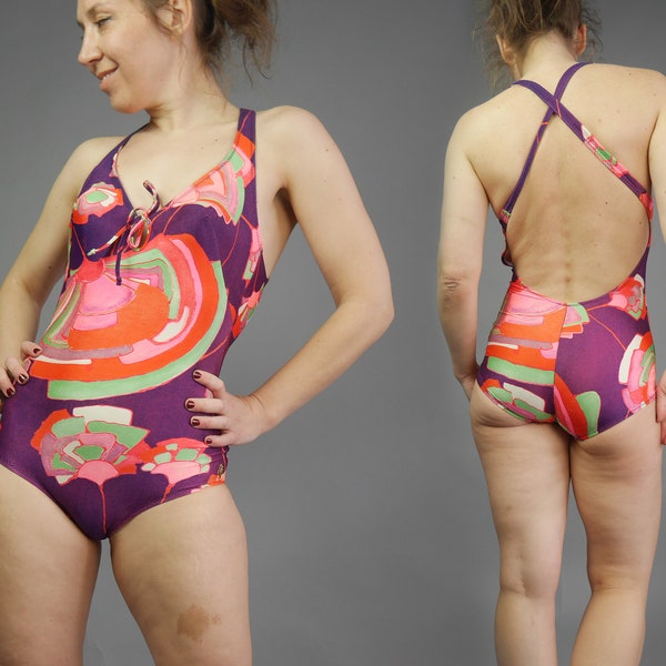 Vintage Swimsuit 60s Bright print One piece Bathing Suit Low back