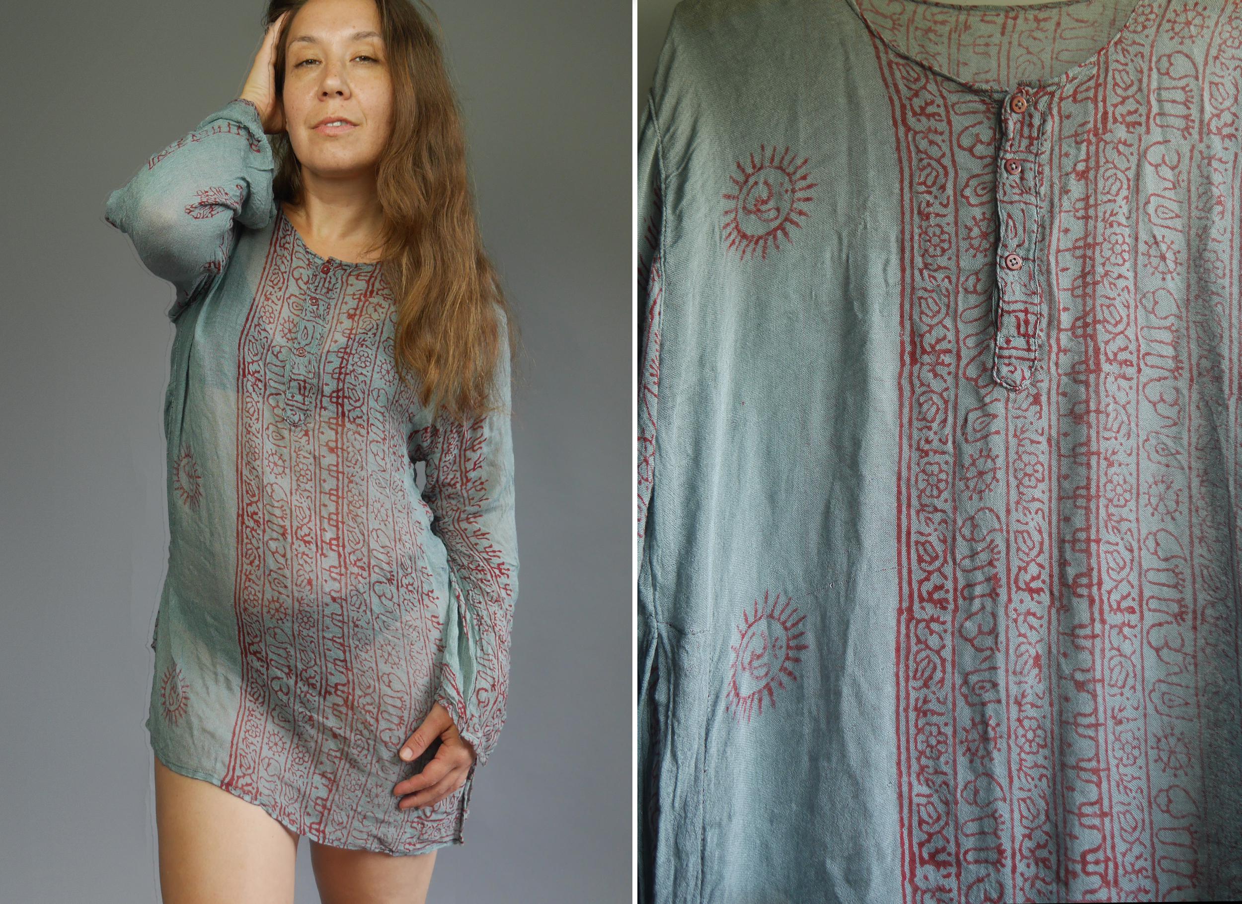 Indian Sheer Gauze Tunic Shirt Buddhist Block Print Long