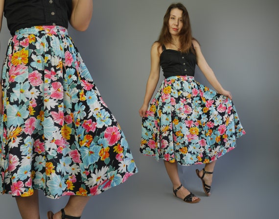 Floral print full skirt 80's Midi bright summer sk