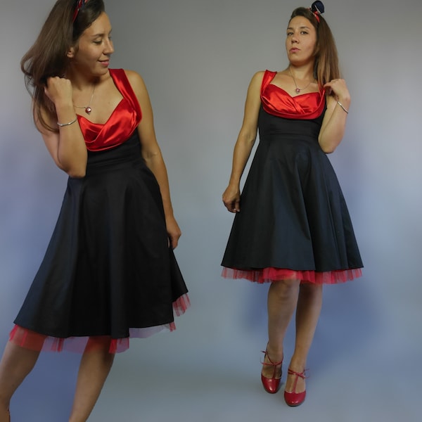 Rockabilly style black red dress 50's with bombshell top and tulle lining 90s does 50s Flare swing dress