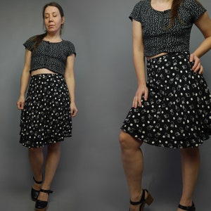 Vintage knee flare skirt Black white floral print skirt Bell two layers viscose skirt WAIST 32-34 inch LARGE