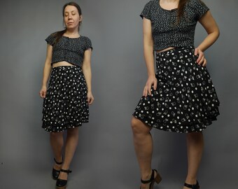 Vintage knee flare skirt Black white floral print skirt Bell two layers viscose skirt WAIST 32-34 inch LARGE