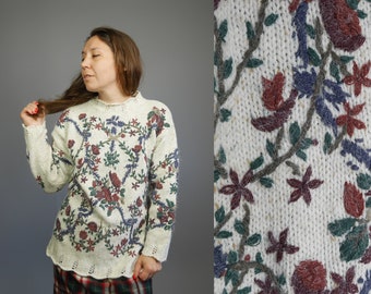 Floral Embroidered sweater Off the white Vintage 90s oversize sweater Floral embroidery MEDIUM